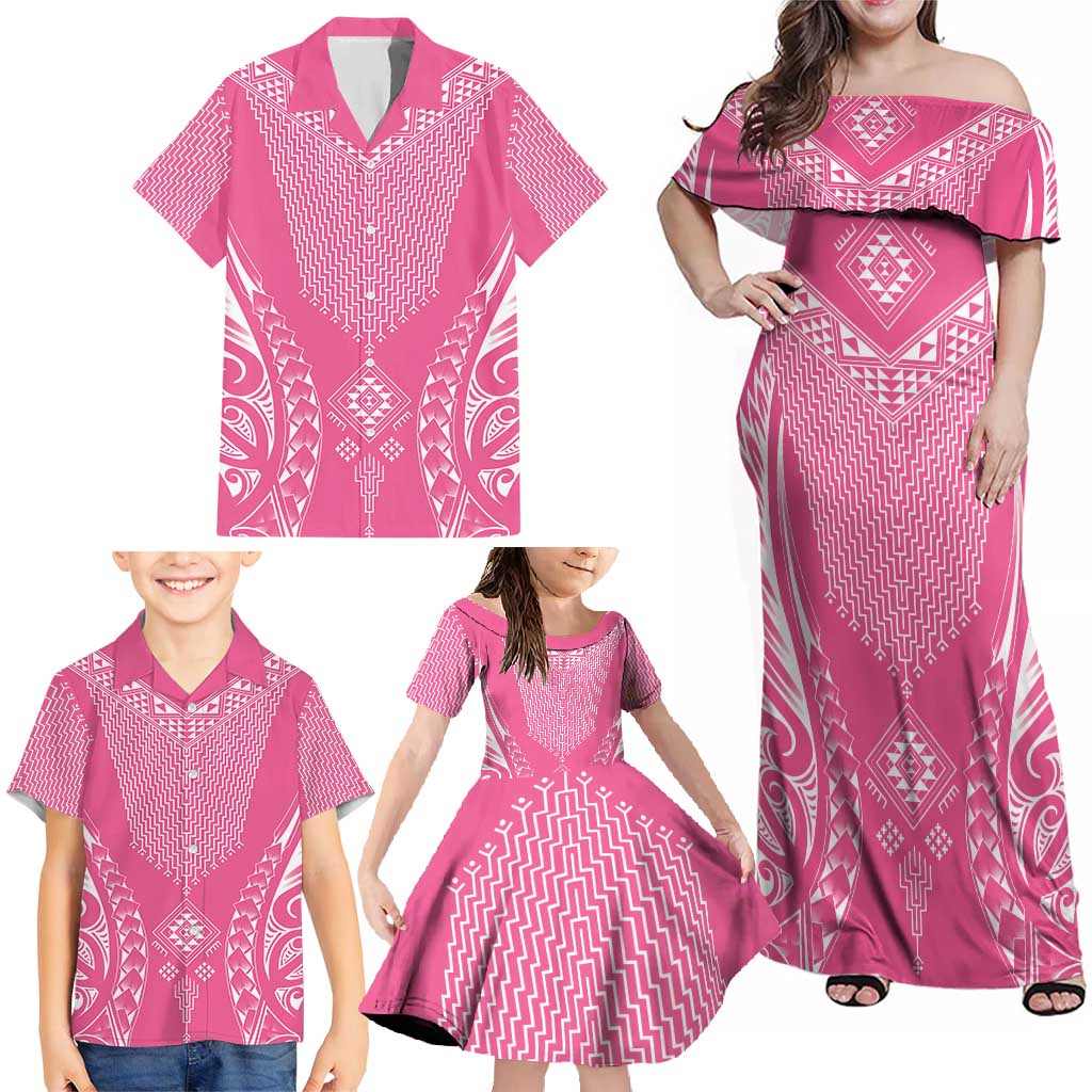 2025 Rugby Championship New Zealand Custom Family Matching Off Shoulder Maxi Dress and Hawaiian Shirt Poutama Motifs - Pink Out - Polynesian Pride