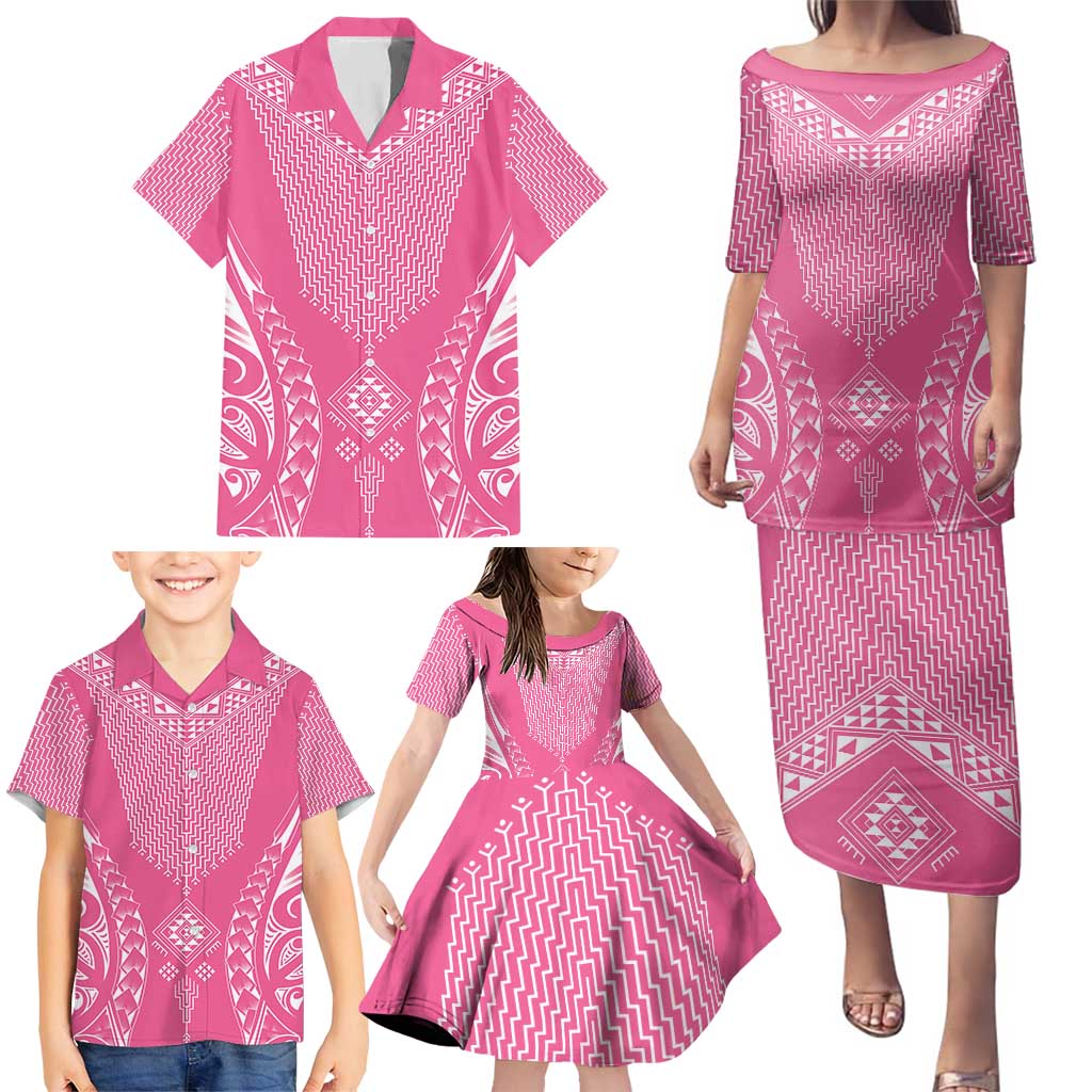 2025 Rugby Championship New Zealand Custom Family Matching Puletasi and Hawaiian Shirt Poutama Motifs - Pink Out - Polynesian Pride