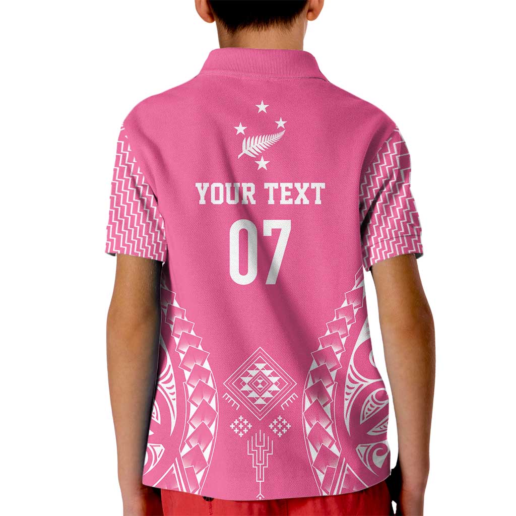 2025 Rugby Championship New Zealand Custom Kid Polo Shirt Poutama Motifs - Pink Out - Polynesian Pride