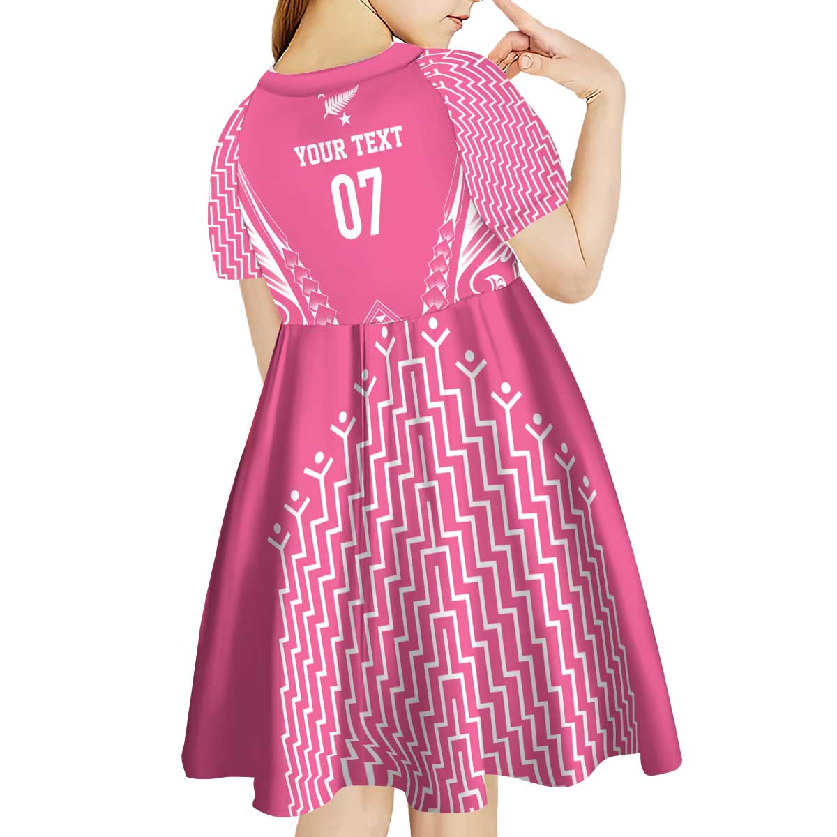 2025 Rugby Championship New Zealand Custom Kid Short Sleeve Dress Poutama Motifs - Pink Out - Polynesian Pride