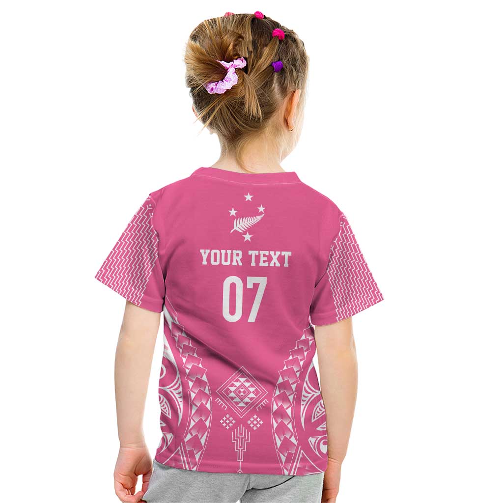 2025 Rugby Championship New Zealand Custom Kid T Shirt Poutama Motifs - Pink Out - Polynesian Pride
