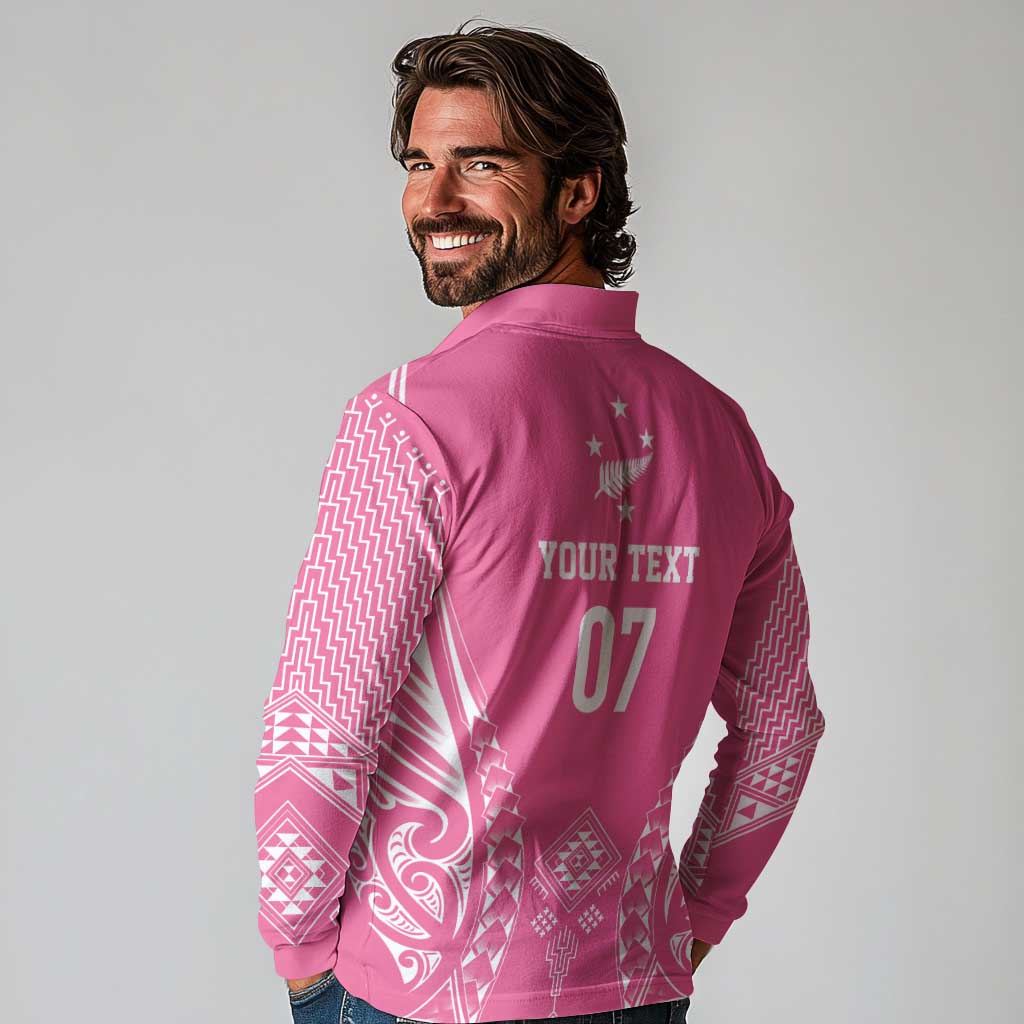 2025 Rugby Championship New Zealand Custom Long Sleeve Polo Shirt Poutama Motifs - Pink Out - Polynesian Pride