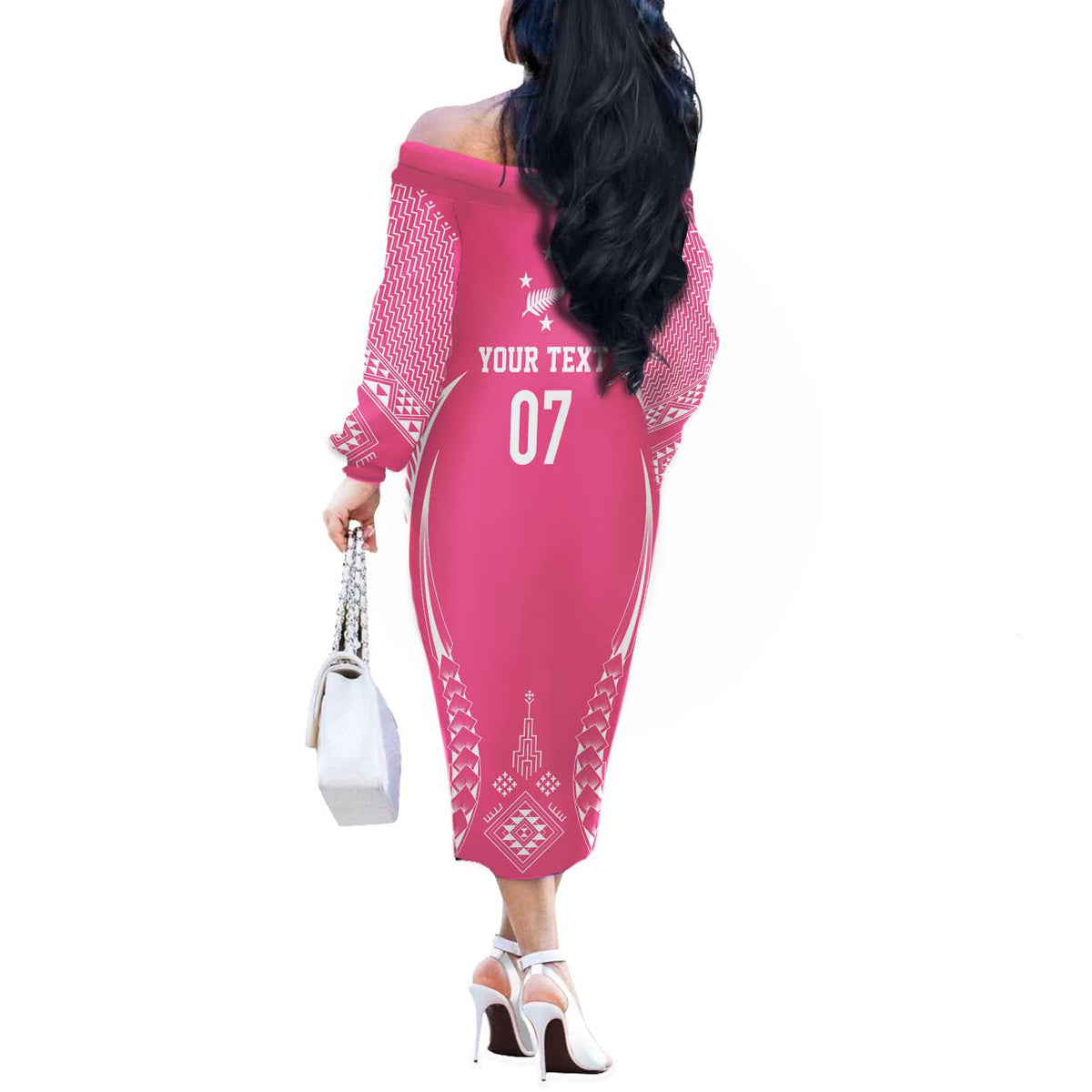2025 Rugby Championship New Zealand Custom Off The Shoulder Long Sleeve Dress Poutama Motifs - Pink Out - Polynesian Pride