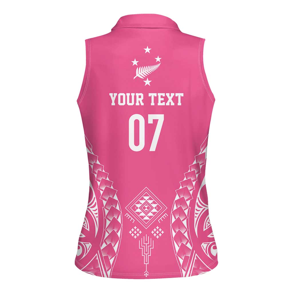 2025 Rugby Championship New Zealand Custom Women Sleeveless Polo Shirt Poutama Motifs - Pink Out - Polynesian Pride