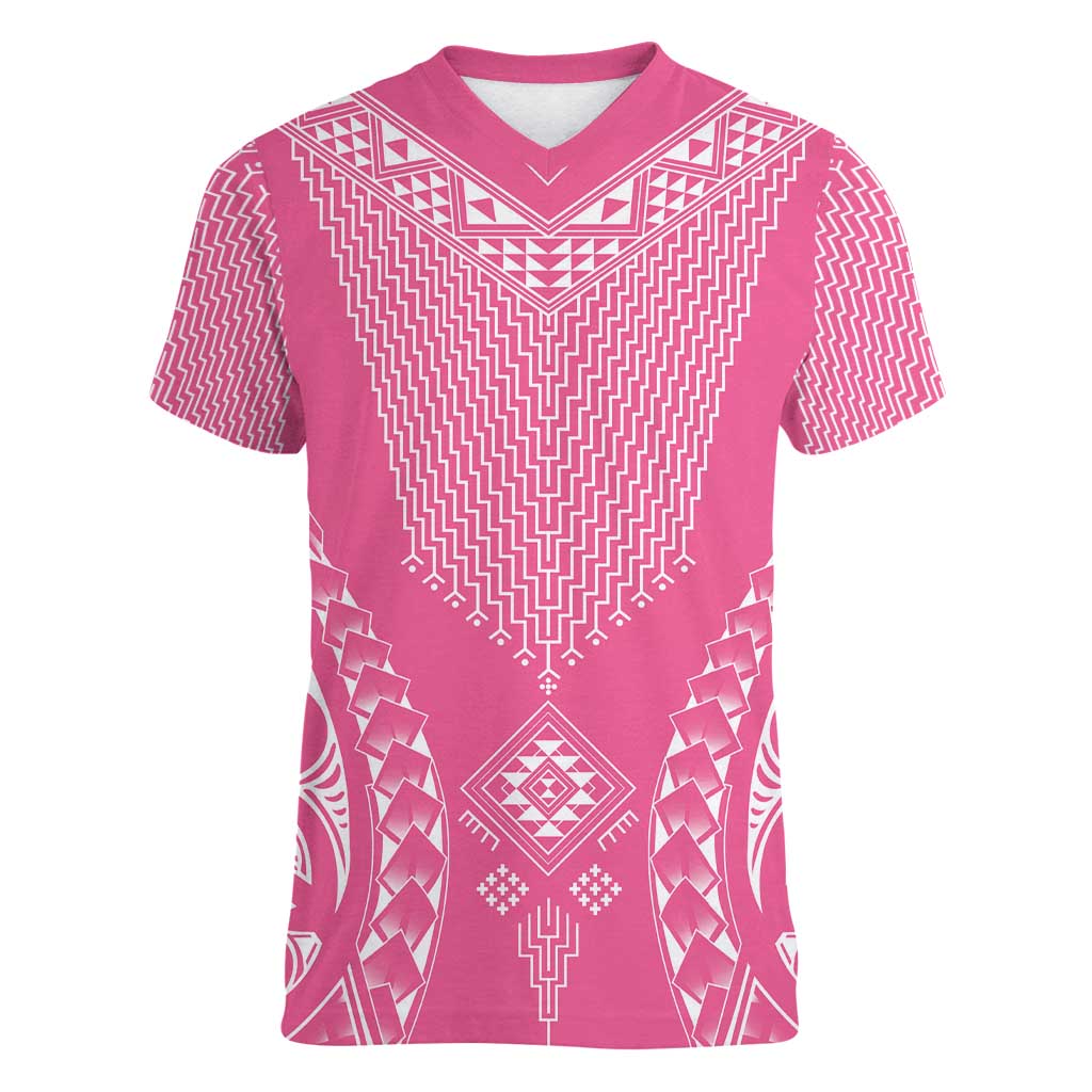 2025 Rugby Championship New Zealand Custom Women V-Neck T-Shirt Poutama Motifs - Pink Out - Polynesian Pride