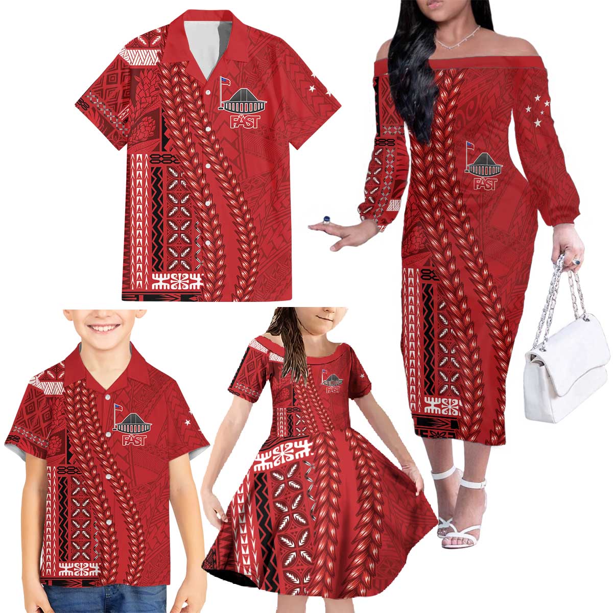 Samoa FAST Siapo Family Matching Off The Shoulder Long Sleeve Dress and Hawaiian Shirt Tatau-Ulafala Vines - Polynesian Pride