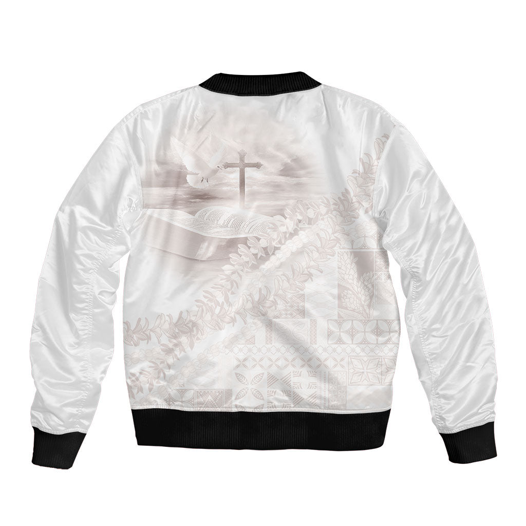 Samoa Lotu Tamaiti White Prayers Bomber Jacket Floral Mamanu Siapo LT7 - Polynesian Pride