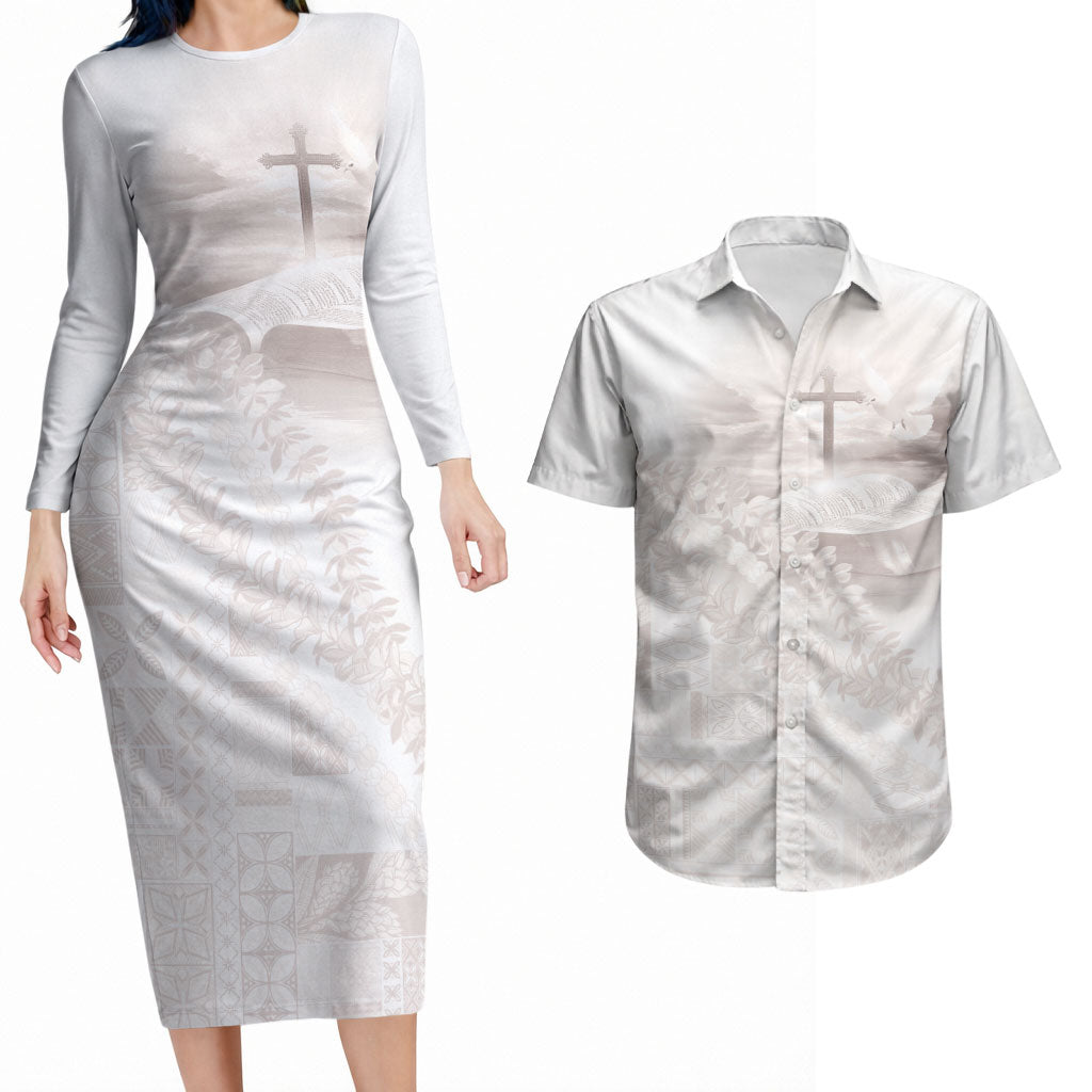Samoa Lotu Tamaiti White Prayers Couples Matching Long Sleeve Bodycon Dress and Hawaiian Shirt Floral Mamanu Siapo LT7 White - Polynesian Pride