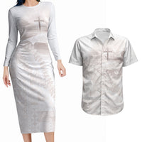 Samoa Lotu Tamaiti White Prayers Couples Matching Long Sleeve Bodycon Dress and Hawaiian Shirt Floral Mamanu Siapo LT7 White - Polynesian Pride