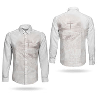 Samoa Lotu Tamaiti White Prayers Couples Matching Long Sleeve Bodycon Dress and Long Sleeve Button Shirt Floral Mamanu Siapo LT7 - Polynesian Pride