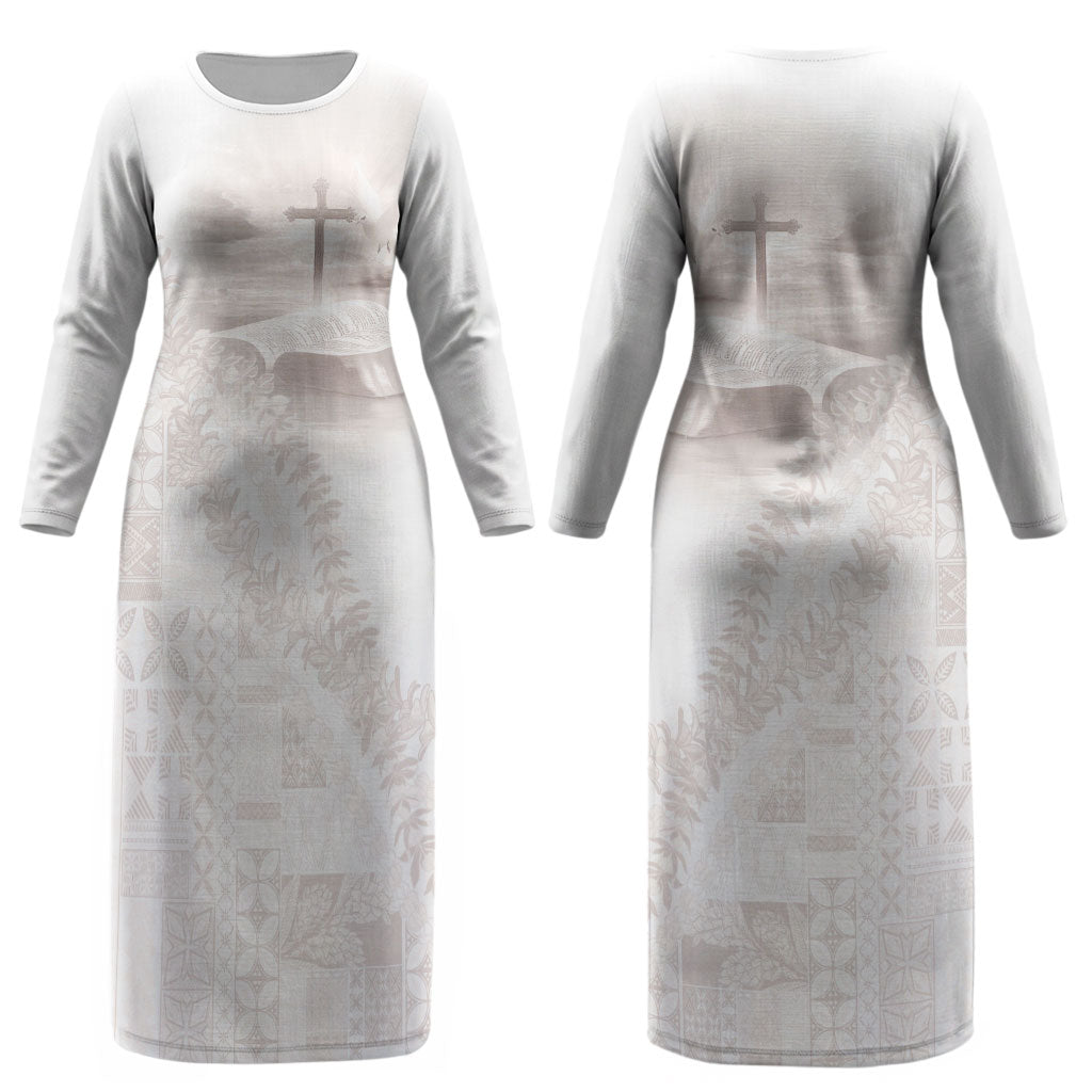Samoa Lotu Tamaiti White Prayers Couples Matching Long Sleeve Bodycon Dress and Long Sleeve Button Shirt Floral Mamanu Siapo LT7 - Polynesian Pride