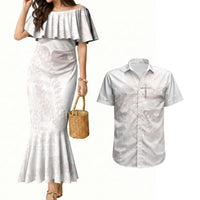 Samoa Lotu Tamaiti White Prayers Couples Matching Mermaid Dress and Hawaiian Shirt Floral Mamanu Siapo LT7 White - Polynesian Pride