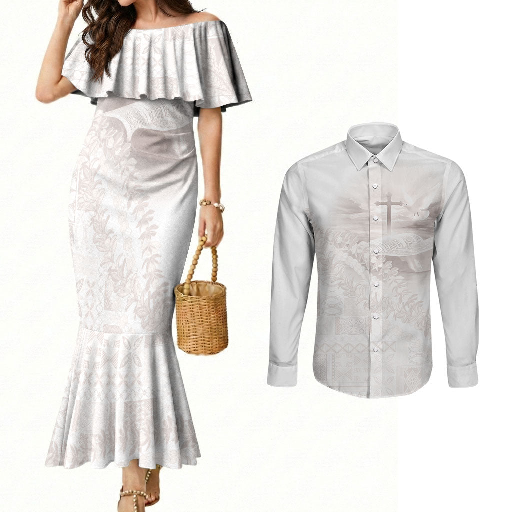 Samoa Lotu Tamaiti White Prayers Couples Matching Mermaid Dress and Long Sleeve Button Shirt Floral Mamanu Siapo LT7 White - Polynesian Pride