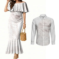 Samoa Lotu Tamaiti White Prayers Couples Matching Mermaid Dress and Long Sleeve Button Shirt Floral Mamanu Siapo LT7 White - Polynesian Pride