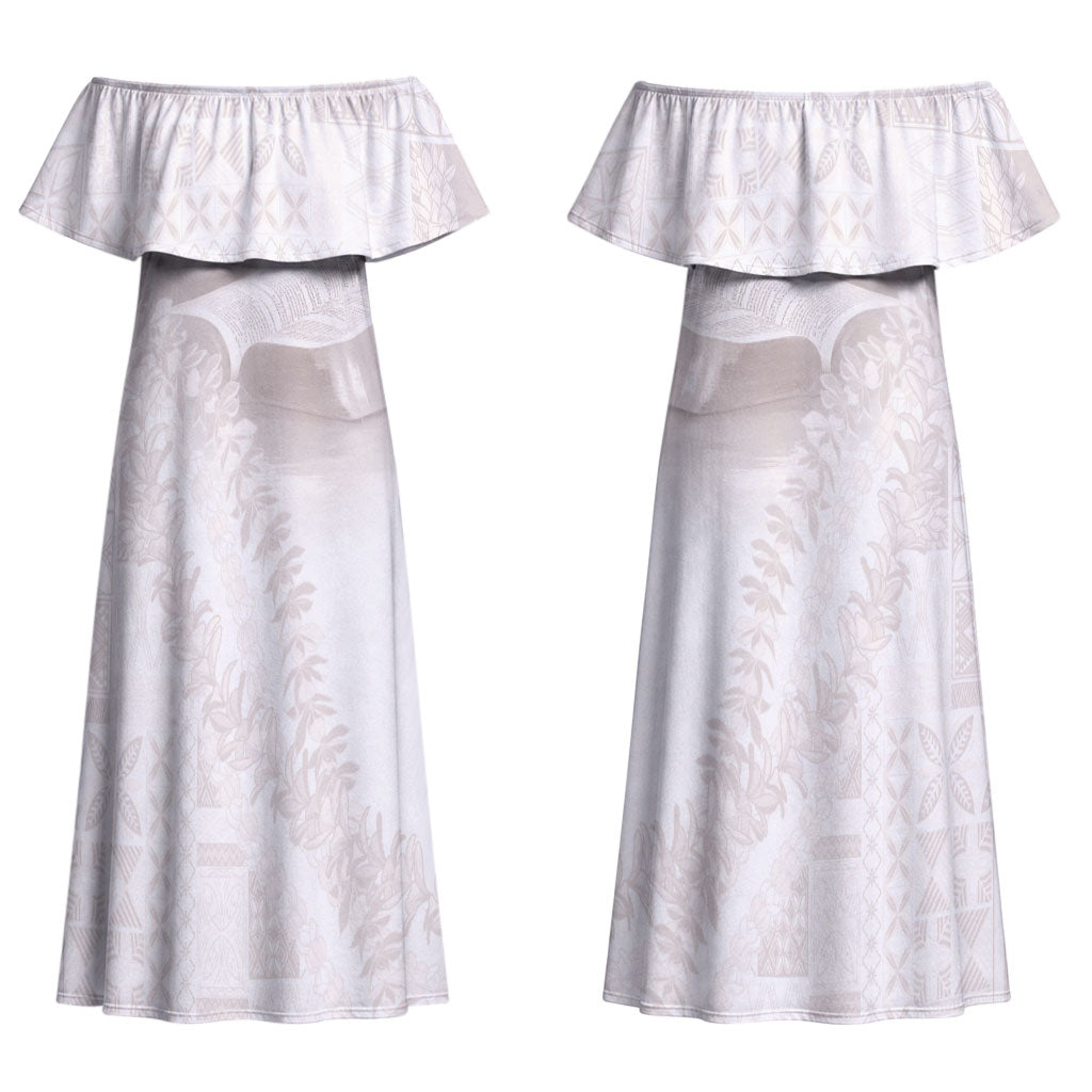 Samoa Lotu Tamaiti White Prayers Couples Matching Off Shoulder Maxi Dress and Long Sleeve Button Shirt Floral Mamanu Siapo LT7 - Polynesian Pride