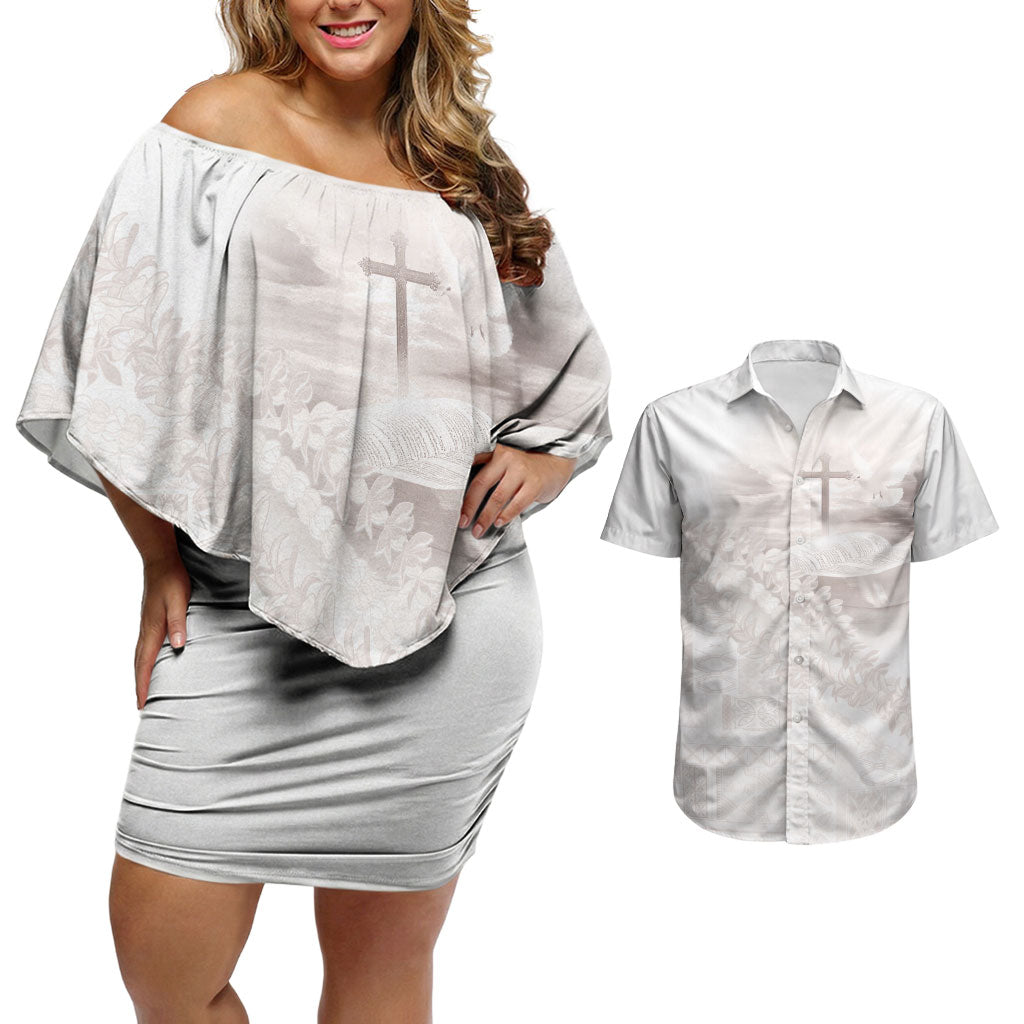 Samoa Lotu Tamaiti White Prayers Couples Matching Off Shoulder Short Dress and Hawaiian Shirt Floral Mamanu Siapo LT7 White - Polynesian Pride