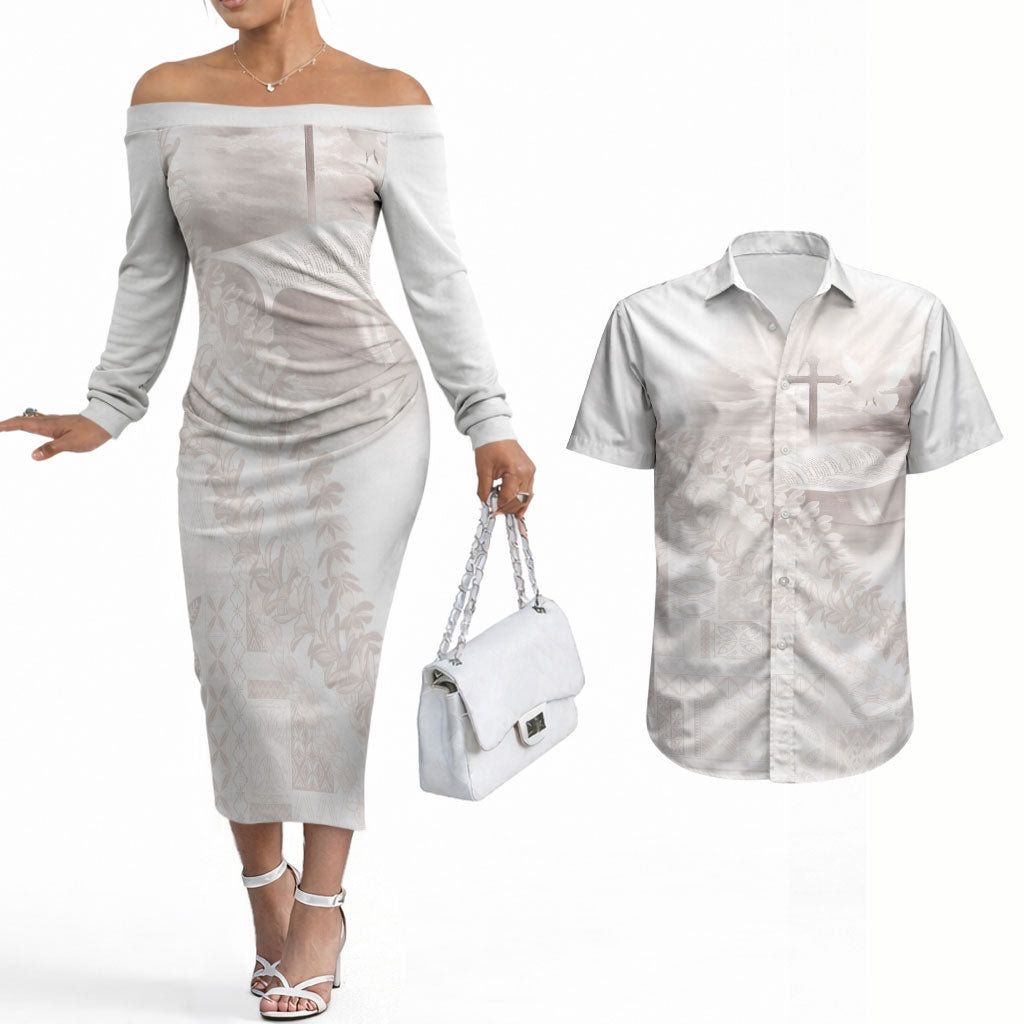 Samoa Lotu Tamaiti White Prayers Couples Matching Off The Shoulder Long Sleeve Dress and Hawaiian Shirt Floral Mamanu Siapo LT7 White - Polynesian Pride
