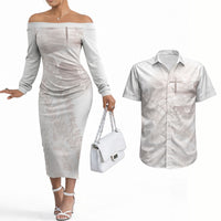 Samoa Lotu Tamaiti White Prayers Couples Matching Off The Shoulder Long Sleeve Dress and Hawaiian Shirt Floral Mamanu Siapo LT7 White - Polynesian Pride