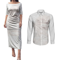 Samoa Lotu Tamaiti White Prayers Couples Matching Puletasi and Long Sleeve Button Shirt Floral Mamanu Siapo LT7 White - Polynesian Pride
