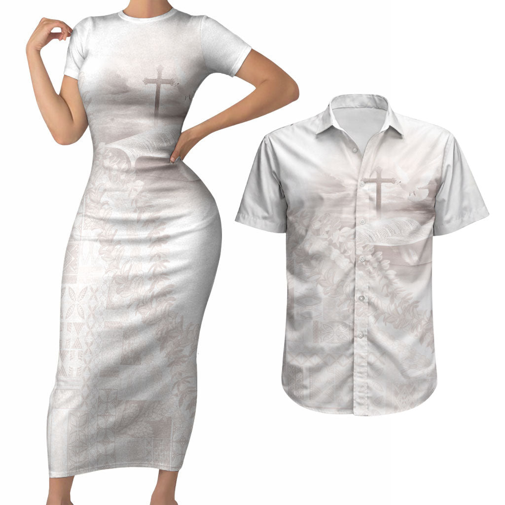 Samoa Lotu Tamaiti White Prayers Couples Matching Short Sleeve Bodycon Dress and Hawaiian Shirt Floral Mamanu Siapo LT7 White - Polynesian Pride