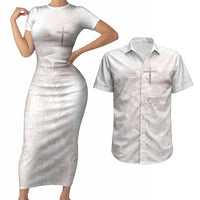 Samoa Lotu Tamaiti White Prayers Couples Matching Short Sleeve Bodycon Dress and Hawaiian Shirt Floral Mamanu Siapo LT7 White - Polynesian Pride