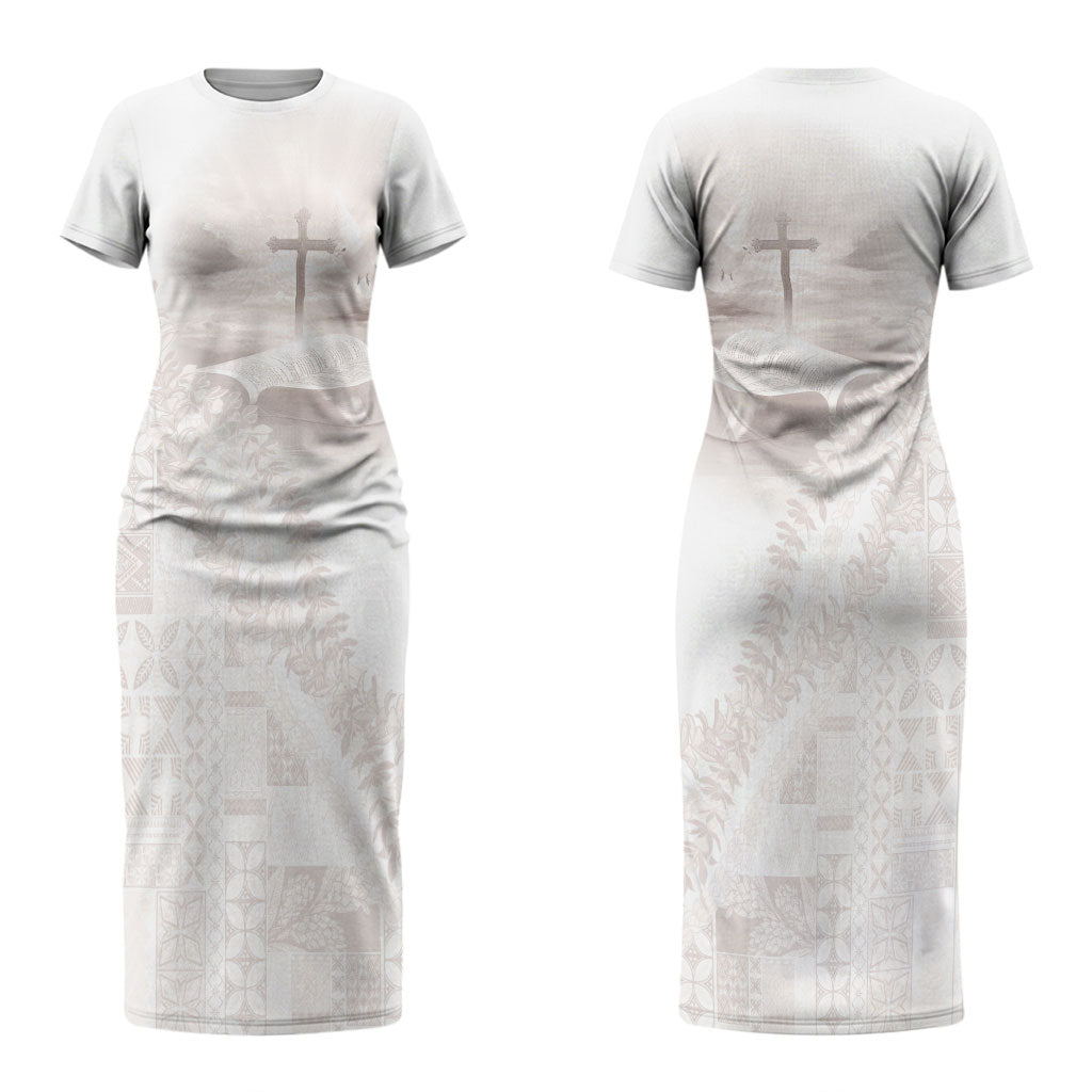 Samoa Lotu Tamaiti White Prayers Couples Matching Short Sleeve Bodycon Dress and Hawaiian Shirt Floral Mamanu Siapo LT7 - Polynesian Pride