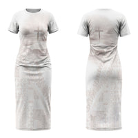 Samoa Lotu Tamaiti White Prayers Couples Matching Short Sleeve Bodycon Dress and Hawaiian Shirt Floral Mamanu Siapo LT7 - Polynesian Pride