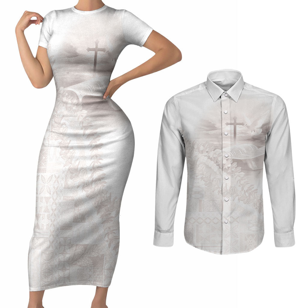 Samoa Lotu Tamaiti White Prayers Couples Matching Short Sleeve Bodycon Dress and Long Sleeve Button Shirt Floral Mamanu Siapo LT7 White - Polynesian Pride