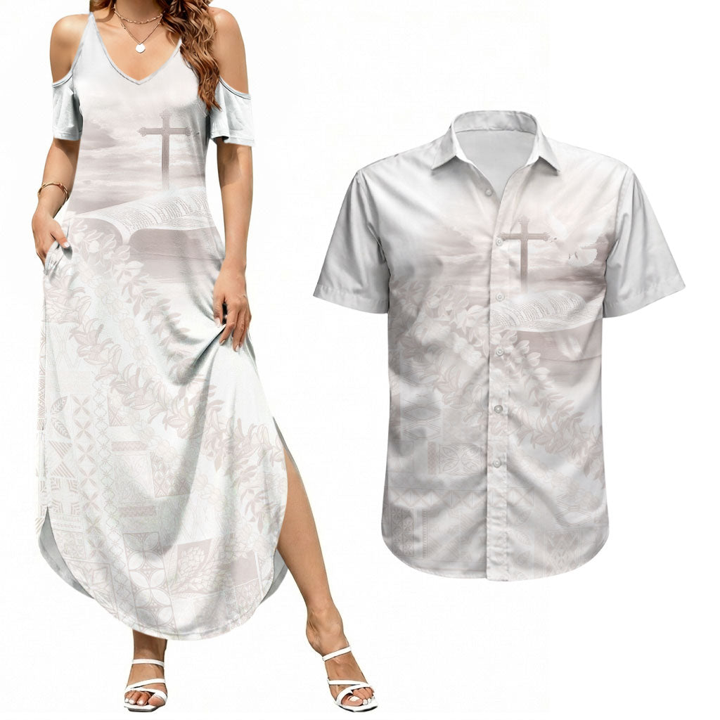 Samoa Lotu Tamaiti White Prayers Couples Matching Summer Maxi Dress and Hawaiian Shirt Floral Mamanu Siapo LT7 White - Polynesian Pride