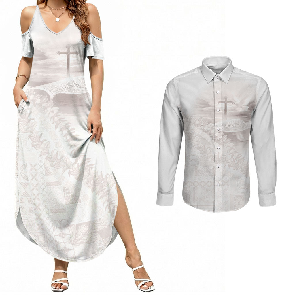 Samoa Lotu Tamaiti White Prayers Couples Matching Summer Maxi Dress and Long Sleeve Button Shirt Floral Mamanu Siapo LT7 White - Polynesian Pride