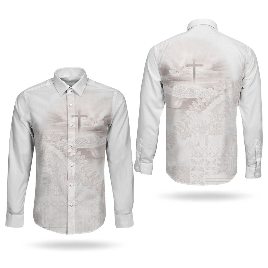 Samoa Lotu Tamaiti White Prayers Couples Matching Tank Maxi Dress and Long Sleeve Button Shirt Floral Mamanu Siapo LT7 - Polynesian Pride
