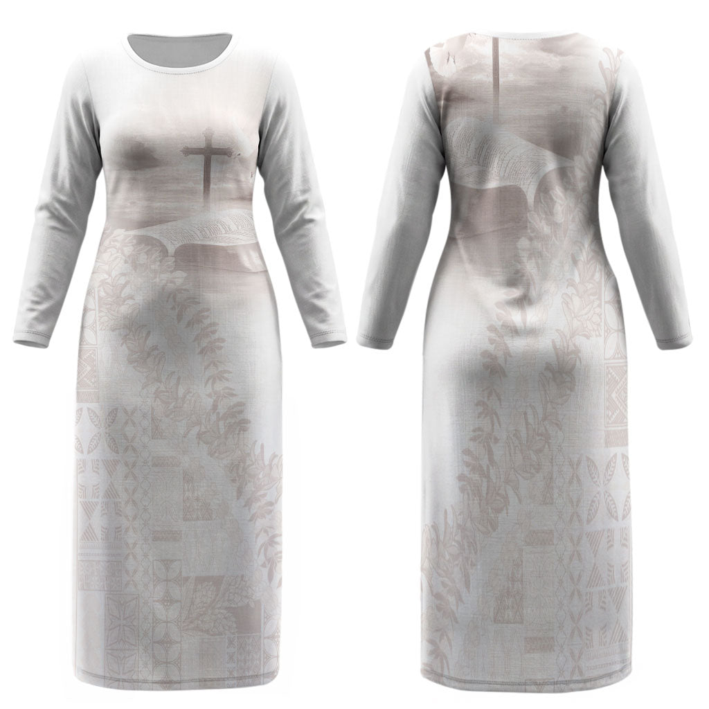 Samoa Lotu Tamaiti White Prayers Family Matching Long Sleeve Bodycon Dress and Hawaiian Shirt Floral Mamanu Siapo LT7 Mom's Dress White - Polynesian Pride