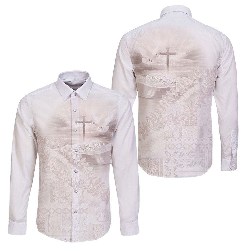 Samoa Lotu Tamaiti White Prayers Family Matching Long Sleeve Bodycon Dress and Hawaiian Shirt Floral Mamanu Siapo LT7 Dad's Shirt - Long Sleeve White - Polynesian Pride