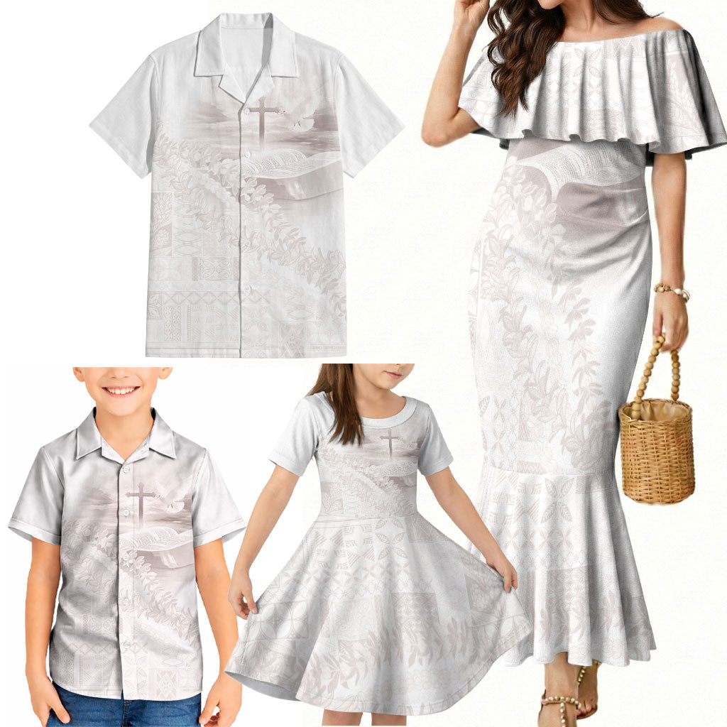Samoa Lotu Tamaiti White Prayers Family Matching Mermaid Dress and Hawaiian Shirt Floral Mamanu Siapo LT7 - Polynesian Pride