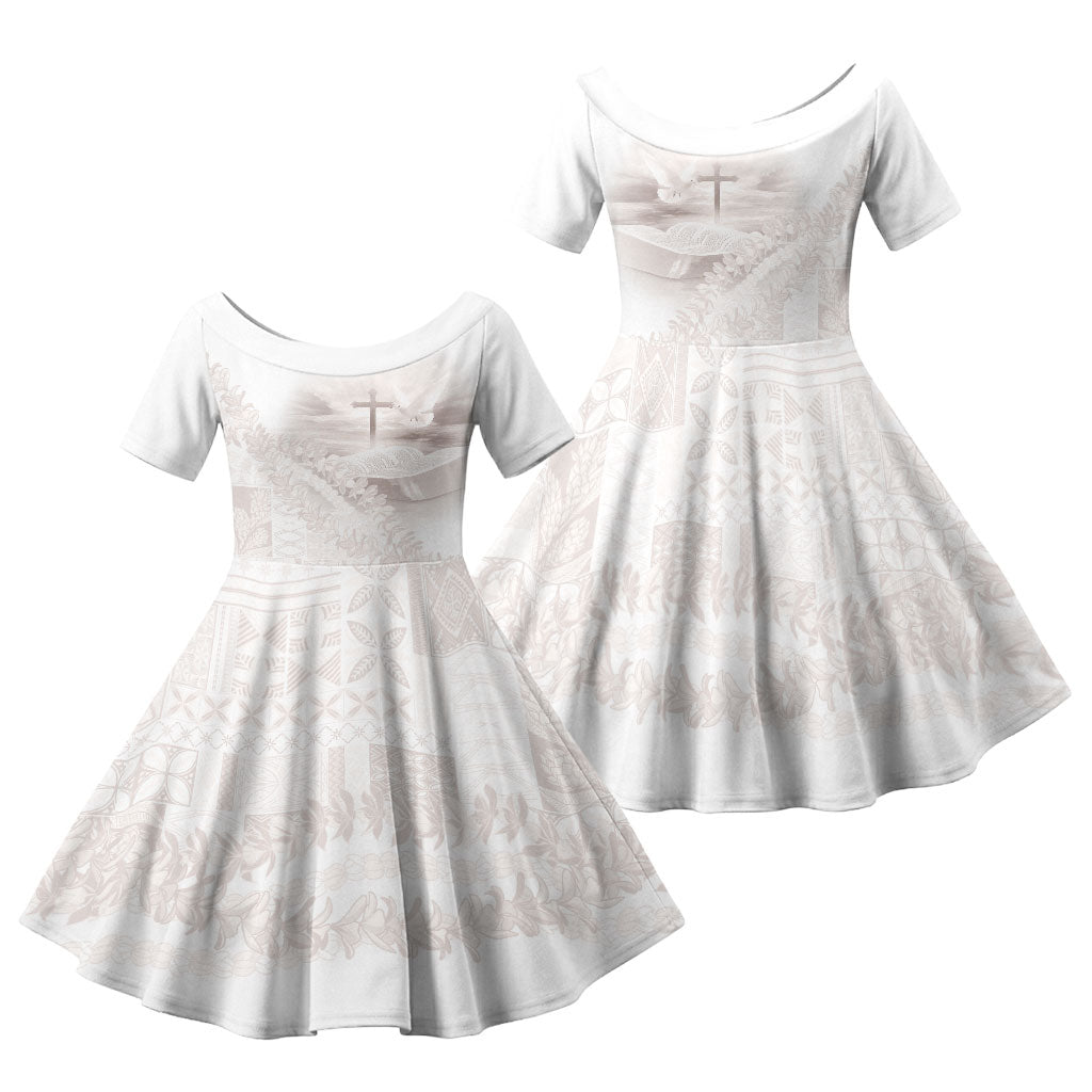 Samoa Lotu Tamaiti White Prayers Family Matching Off The Shoulder Long Sleeve Dress and Hawaiian Shirt Floral Mamanu Siapo LT7 Daughter's Dress White - Polynesian Pride