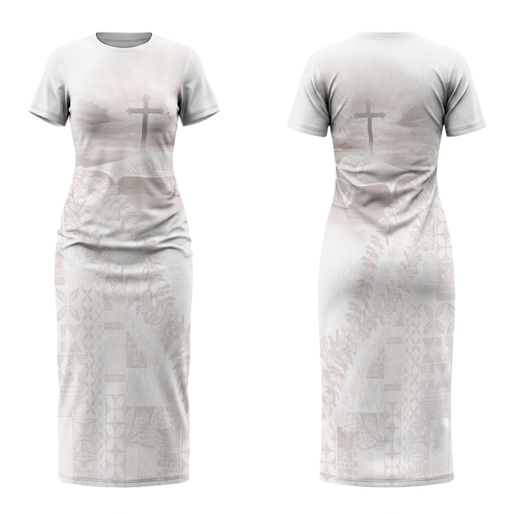 Samoa Lotu Tamaiti White Prayers Family Matching Short Sleeve Bodycon Dress and Hawaiian Shirt Floral Mamanu Siapo LT7 Mom's Dress White - Polynesian Pride