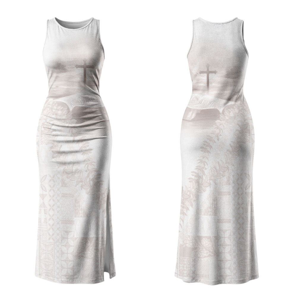 Samoa Lotu Tamaiti White Prayers Family Matching Tank Maxi Dress and Hawaiian Shirt Floral Mamanu Siapo LT7 Mom's Dress White - Polynesian Pride