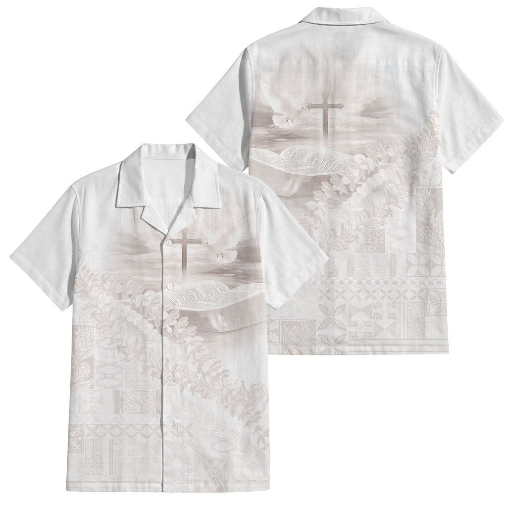 Samoa Lotu Tamaiti White Prayers Family Matching Tank Maxi Dress and Hawaiian Shirt Floral Mamanu Siapo LT7 Dad's Shirt - Short Sleeve White - Polynesian Pride