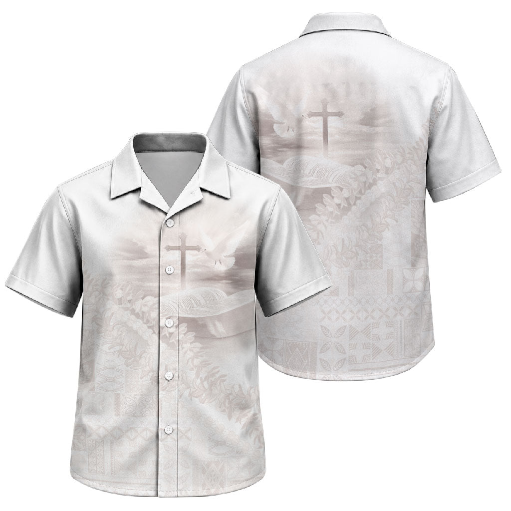 Samoa Lotu Tamaiti White Prayers Family Matching Tank Maxi Dress and Hawaiian Shirt Floral Mamanu Siapo LT7 Son's Shirt White - Polynesian Pride