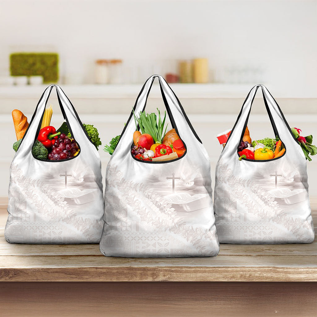 Samoa Lotu Tamaiti White Prayers Grocery Bag Floral Mamanu Siapo LT7 3-pack One Size White - Polynesian Pride