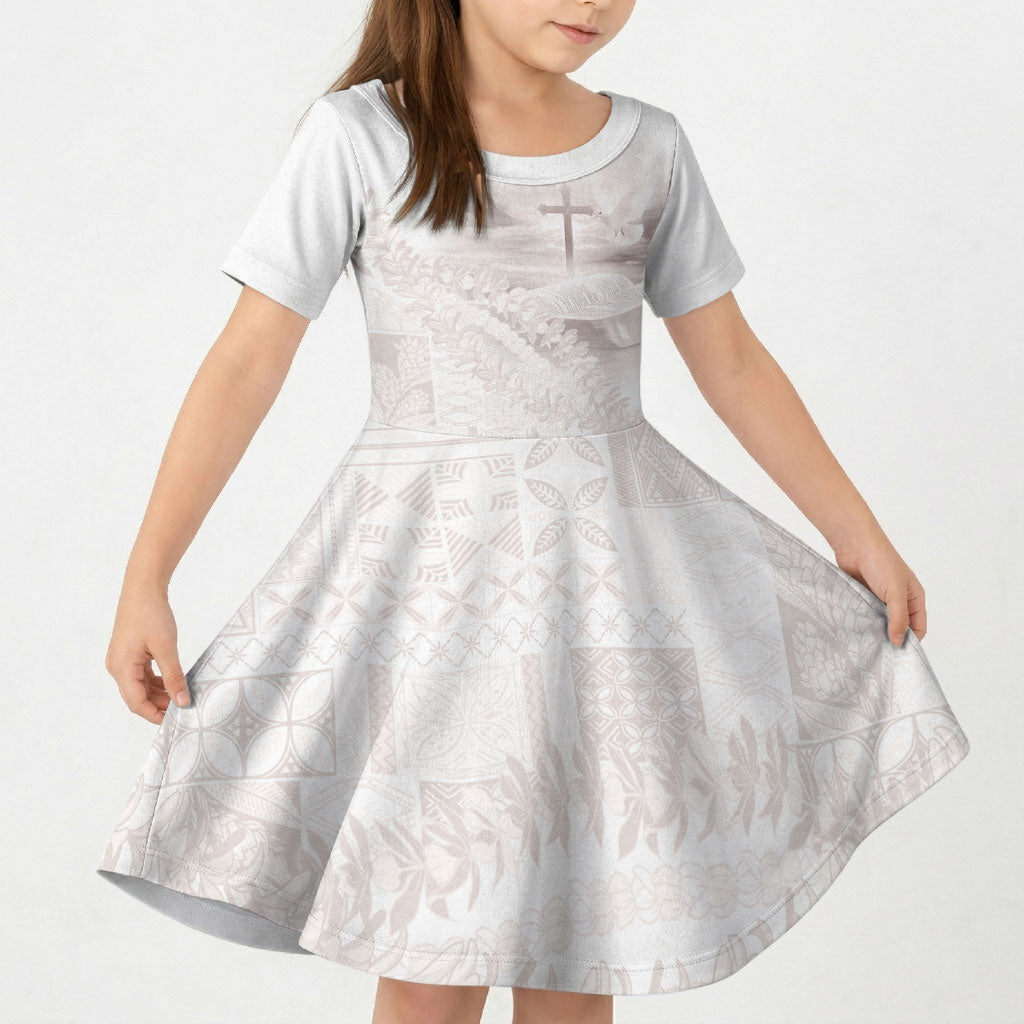 Samoa Lotu Tamaiti White Prayers Kid Short Sleeve Dress Floral Mamanu Siapo LT7 KID White - Polynesian Pride