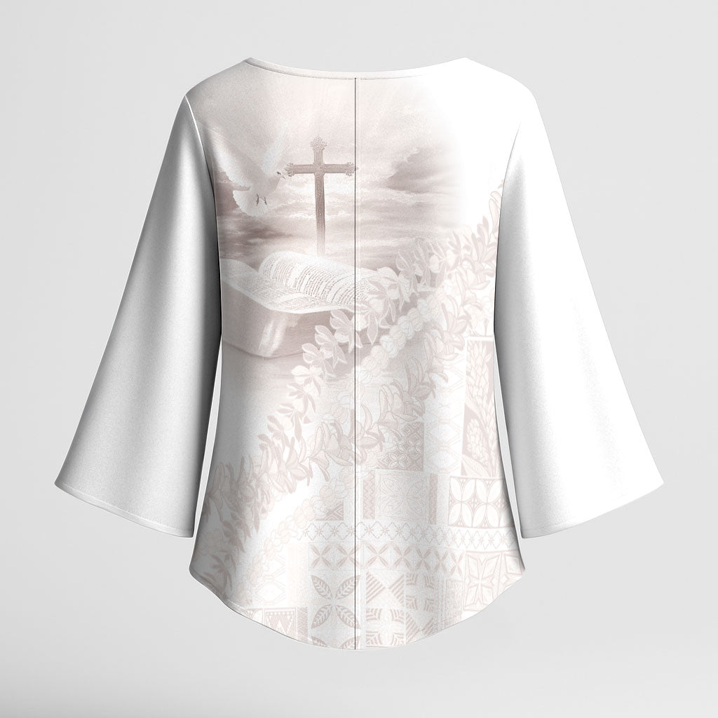 Samoa Lotu Tamaiti White Prayers Kimono Sleeve Blouse Floral Mamanu Siapo LT7 - Polynesian Pride