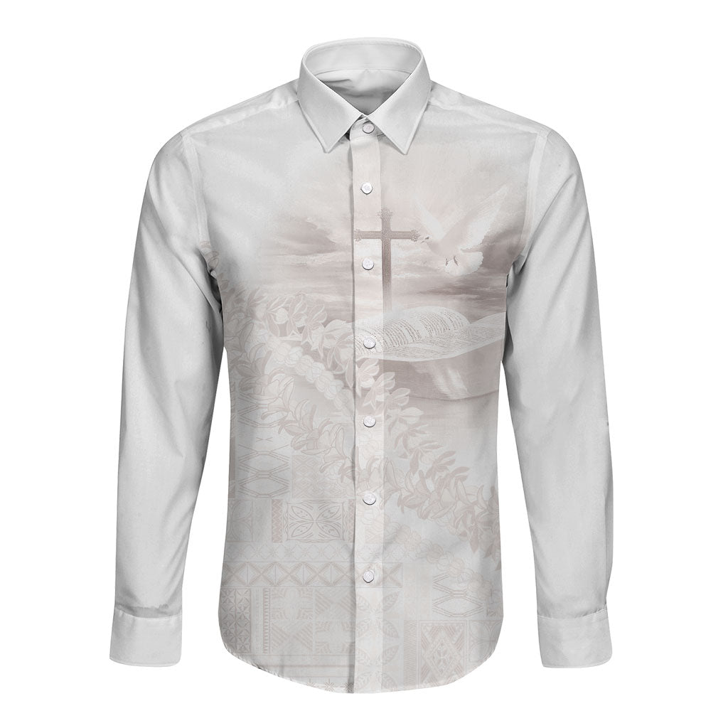 Samoa Lotu Tamaiti White Prayers Long Sleeve Button Shirt Floral Mamanu Siapo LT7 Unisex White - Polynesian Pride