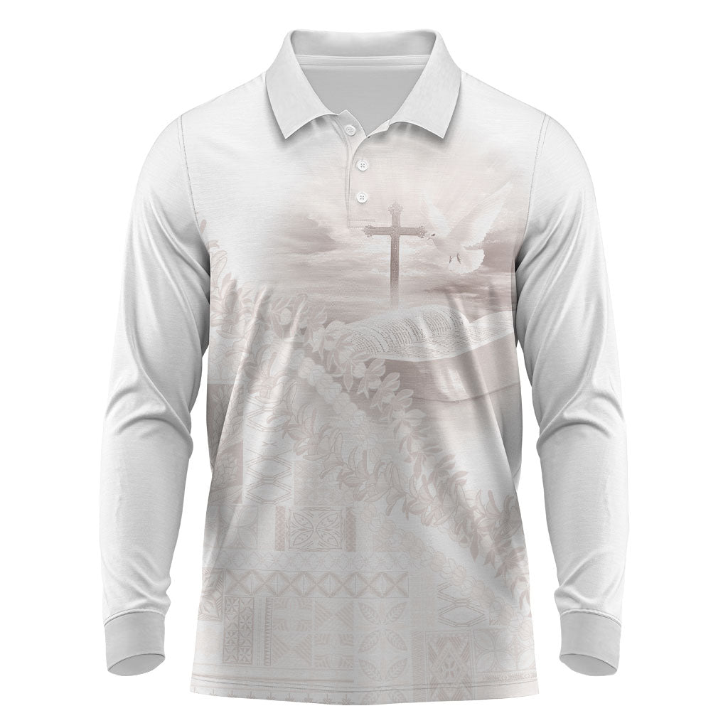 Samoa Lotu Tamaiti White Prayers Long Sleeve Polo Shirt Floral Mamanu Siapo LT7 White - Polynesian Pride