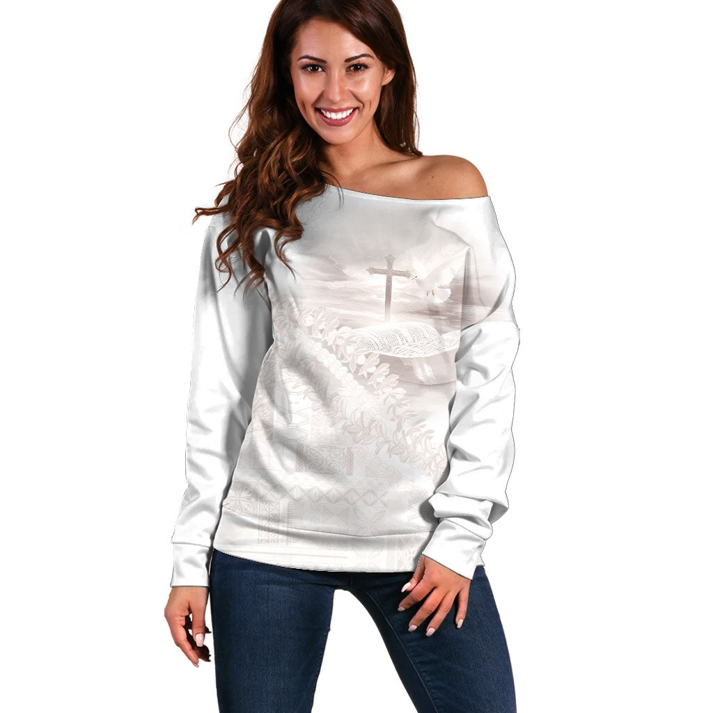 Samoa Lotu Tamaiti White Prayers Off Shoulder Sweater Floral Mamanu Siapo LT7 Women White - Polynesian Pride