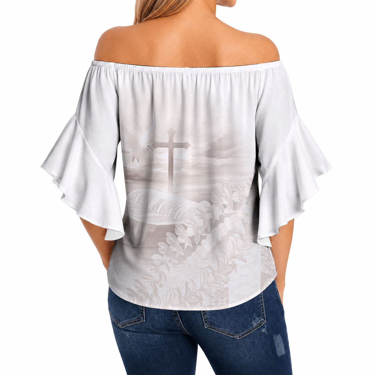 Samoa Lotu Tamaiti White Prayers Off Shoulder Wrap Waist Top Floral Mamanu Siapo LT7 - Polynesian Pride