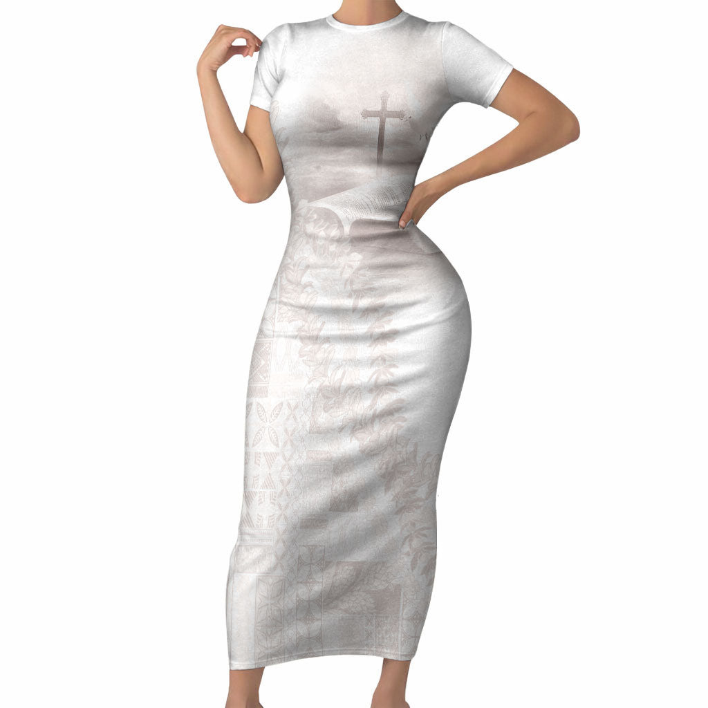 Samoa Lotu Tamaiti White Prayers Short Sleeve Bodycon Dress Floral Mamanu Siapo LT7 Long Dress White - Polynesian Pride