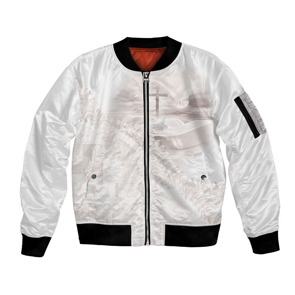 Samoa Lotu Tamaiti White Prayers Sleeve Zip Bomber Jacket Floral Mamanu Siapo LT7 Unisex White - Polynesian Pride