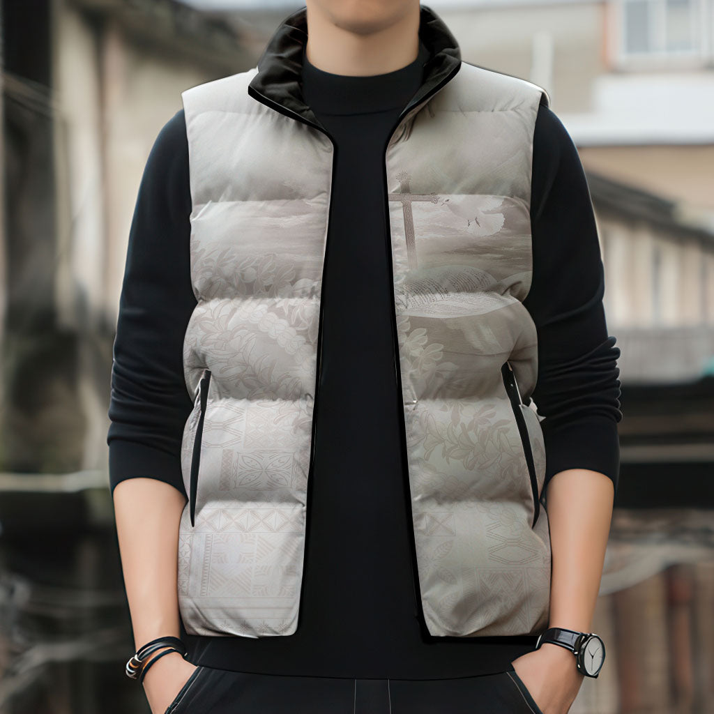 Samoa Lotu Tamaiti White Prayers Sleeveless Puffer Jacket Floral Mamanu Siapo LT7 - Polynesian Pride