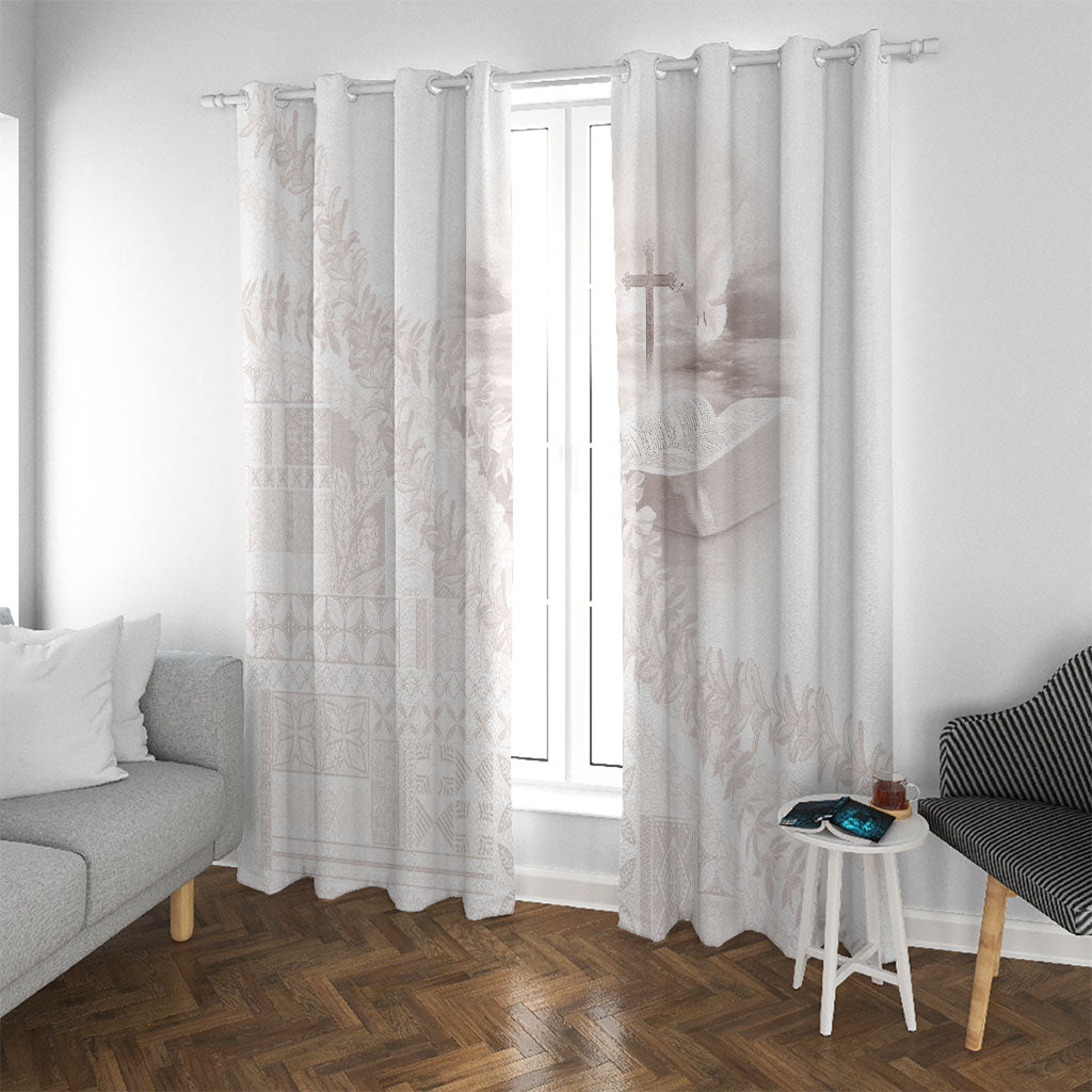 Samoa Lotu Tamaiti White Prayers Window Curtain Floral Mamanu Siapo LT7 With Grommets White - Polynesian Pride